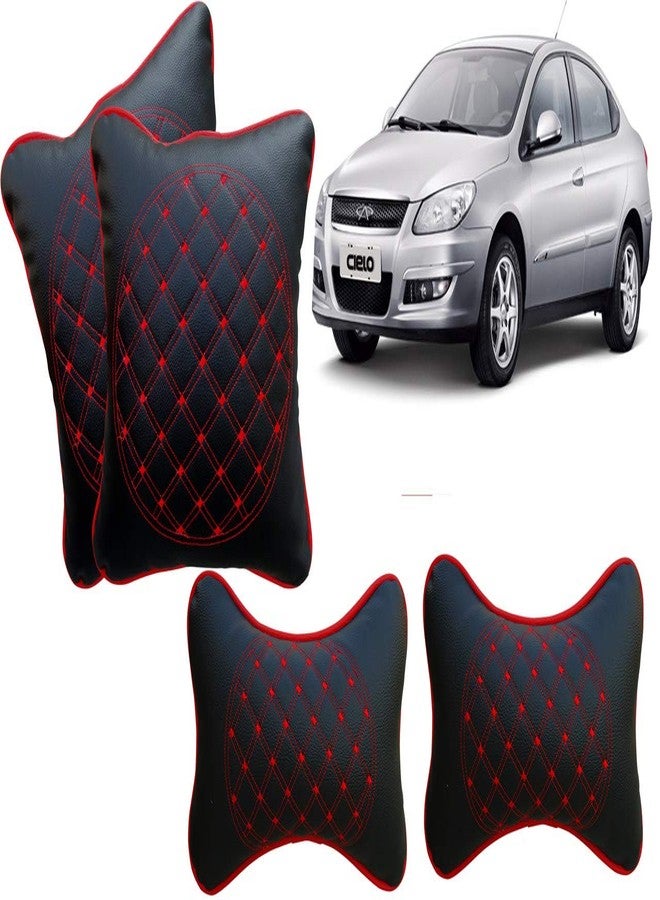Selifaur Black and Red Double Quilted Car Cushion and Neck Rest Pillow Set of 4 for Chery Cielo - Image 1